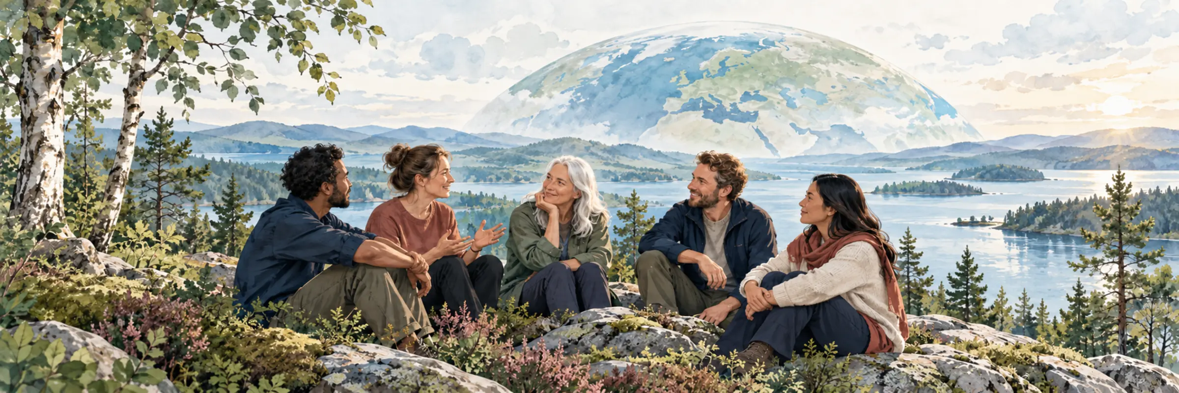 Hållbarhet och ledarskap illustrerat med jorden, natur och människor