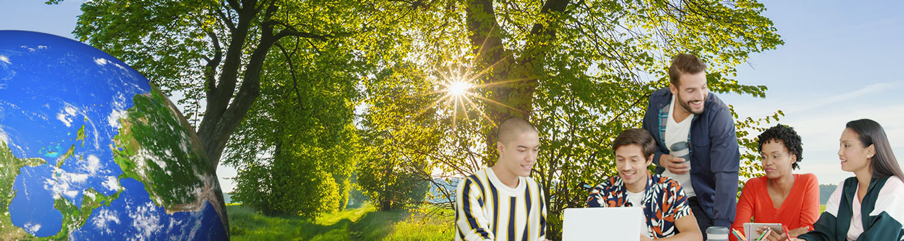 Hållbarhet och ledarskap illustrerat med jorden sedd från rymden, natur och människor